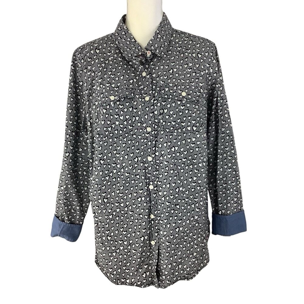 Talbots Button Front Shirt Top Heart Print Roll Tab Sleeve Women 14W Black White - Picture 2 of 15